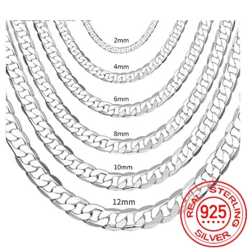 Solid 925 Sterling Silver Curb Chain Necklace Men Women Wedding Engagement Gift