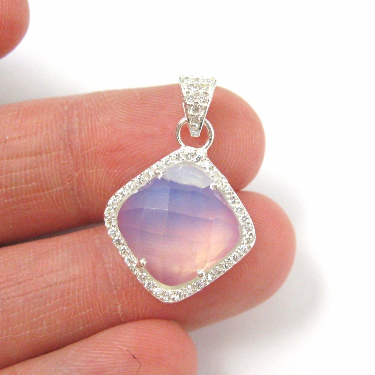 Sterling Silver Pave Opalite Bezel Gem Pendant,Cubic Zirconia Pave 17mm
