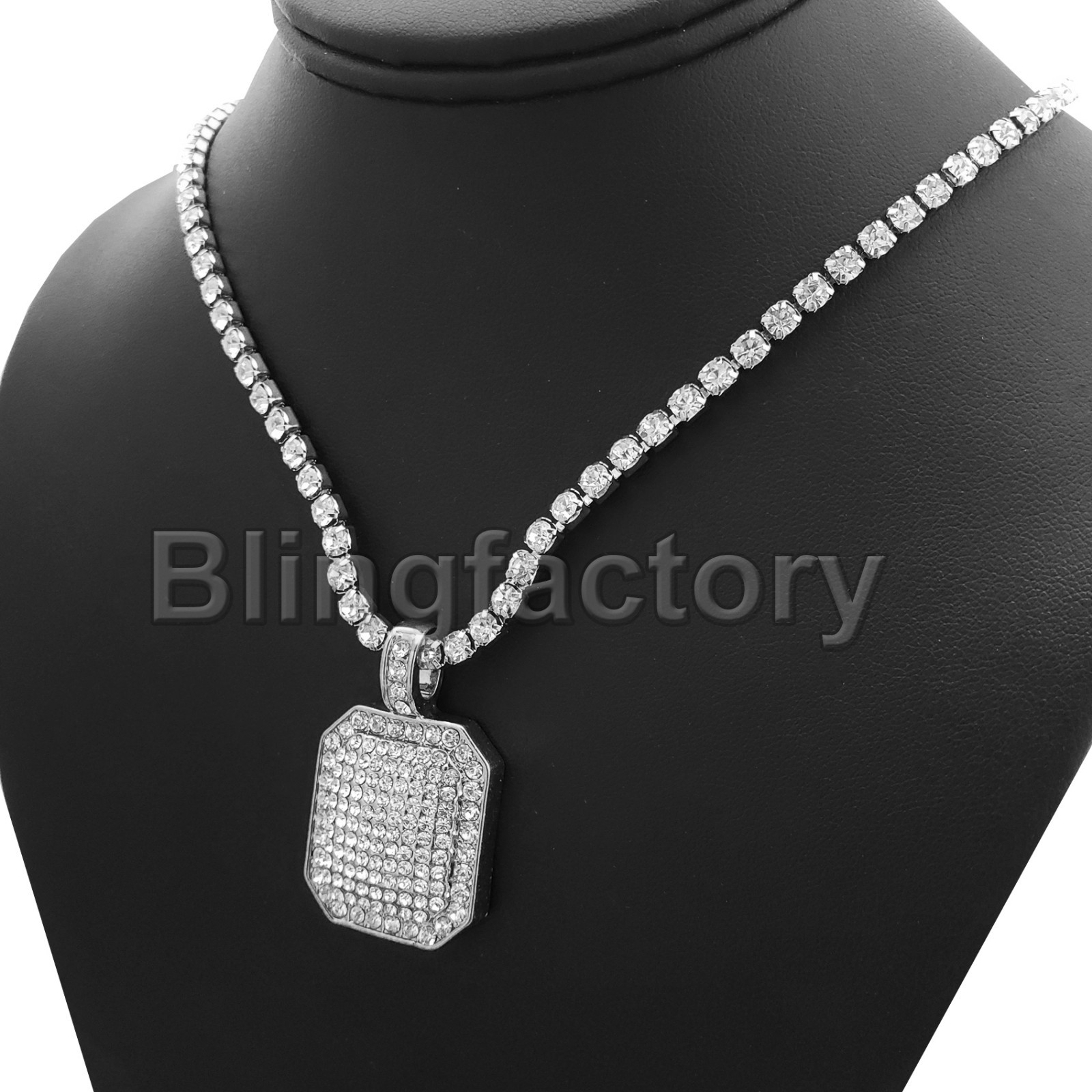 Hip Hop Iced Cubic Zirconia Square Pendant & 1 Row Diamond Tennis Chain Necklace