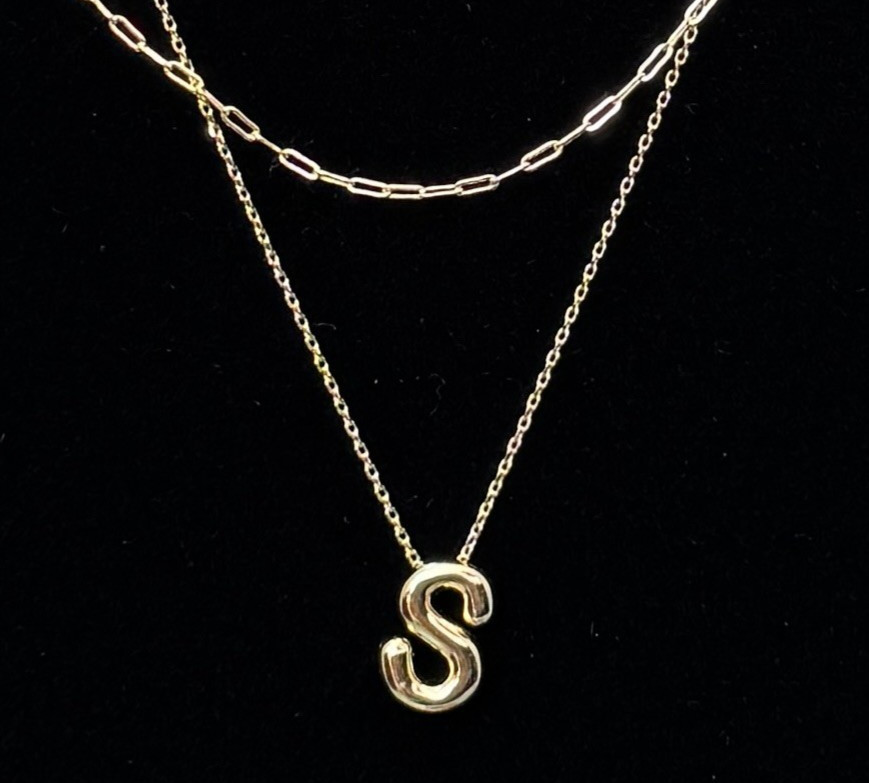 2 Pcs 14K Gold Flash-Plated Puff Initial “S” Layered Necklace & Paperclip Chain