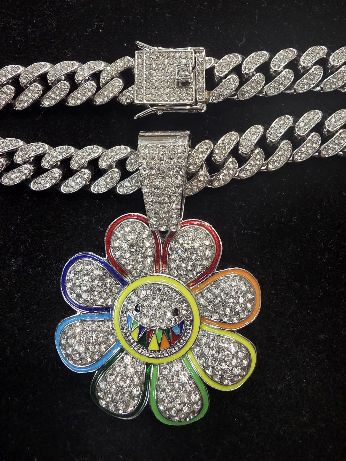 Iced Out Rainbow Flower Pendant Cuban Chain Set Silver Plated CZ Stones 24″×14mm