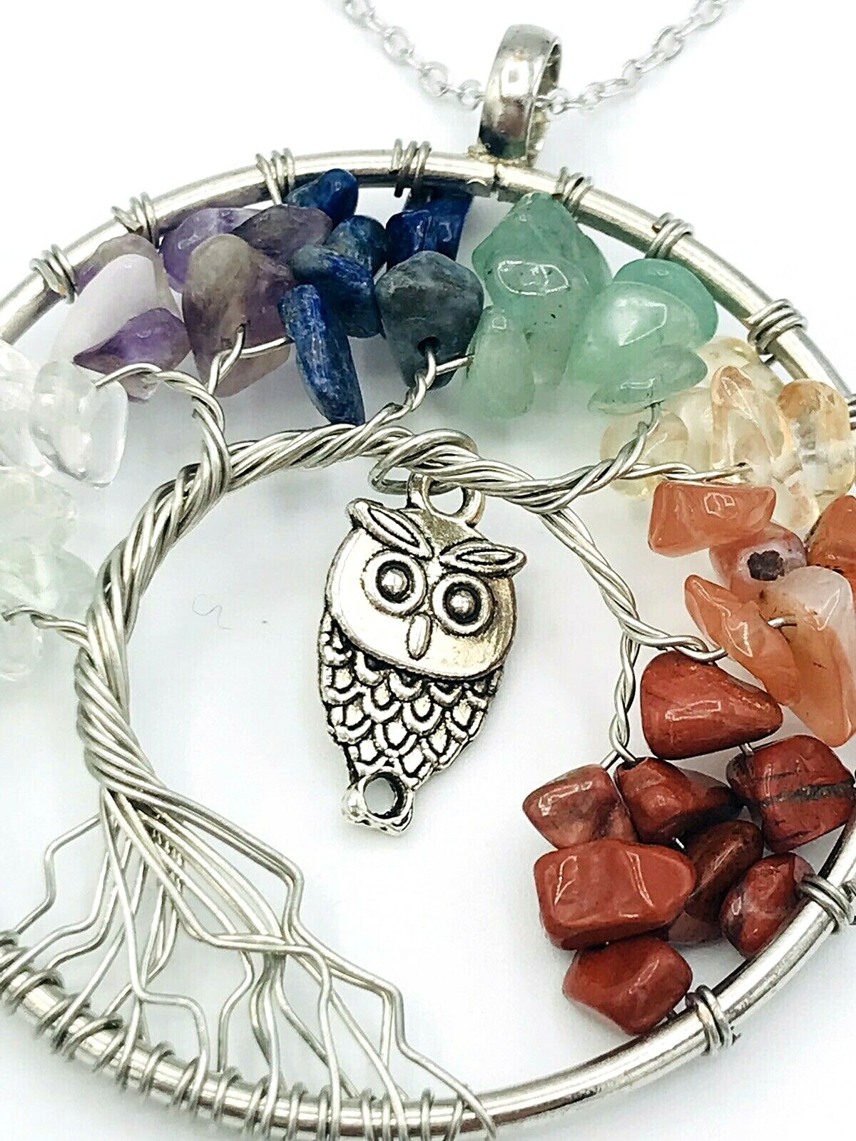 Silver Tone Multi Gemstone Wire Wrapped Tree Of Life Owl Necklace