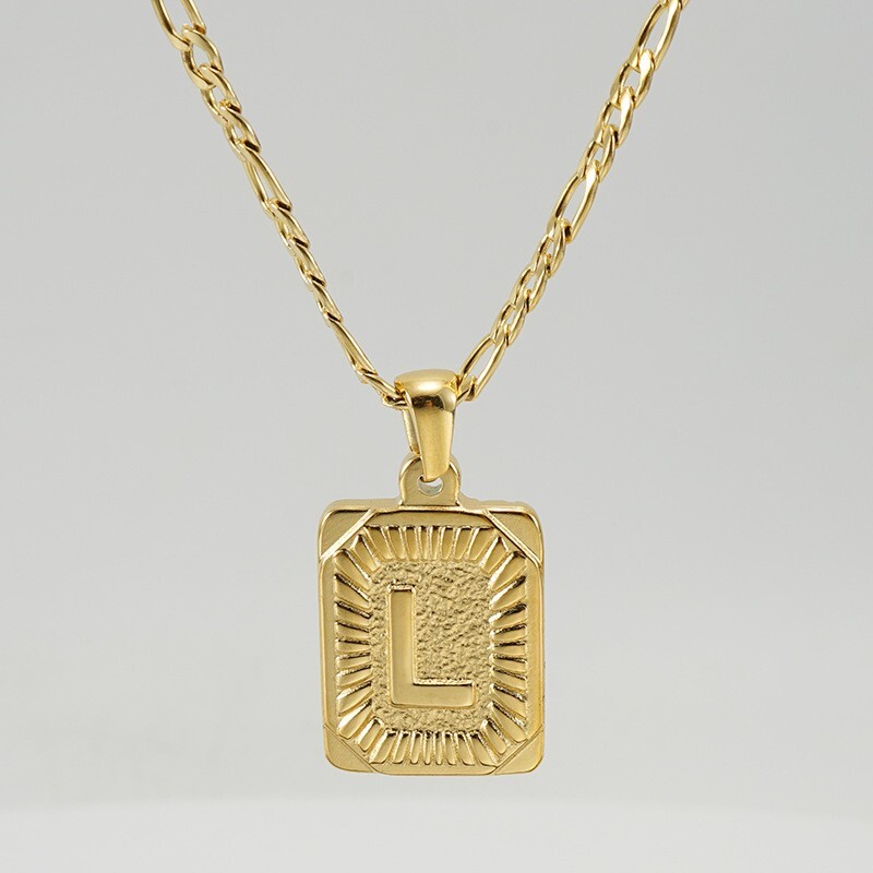 18″ Gold Plated Initial Letter Pendant Necklace Stainless Steel Figaro Chain
