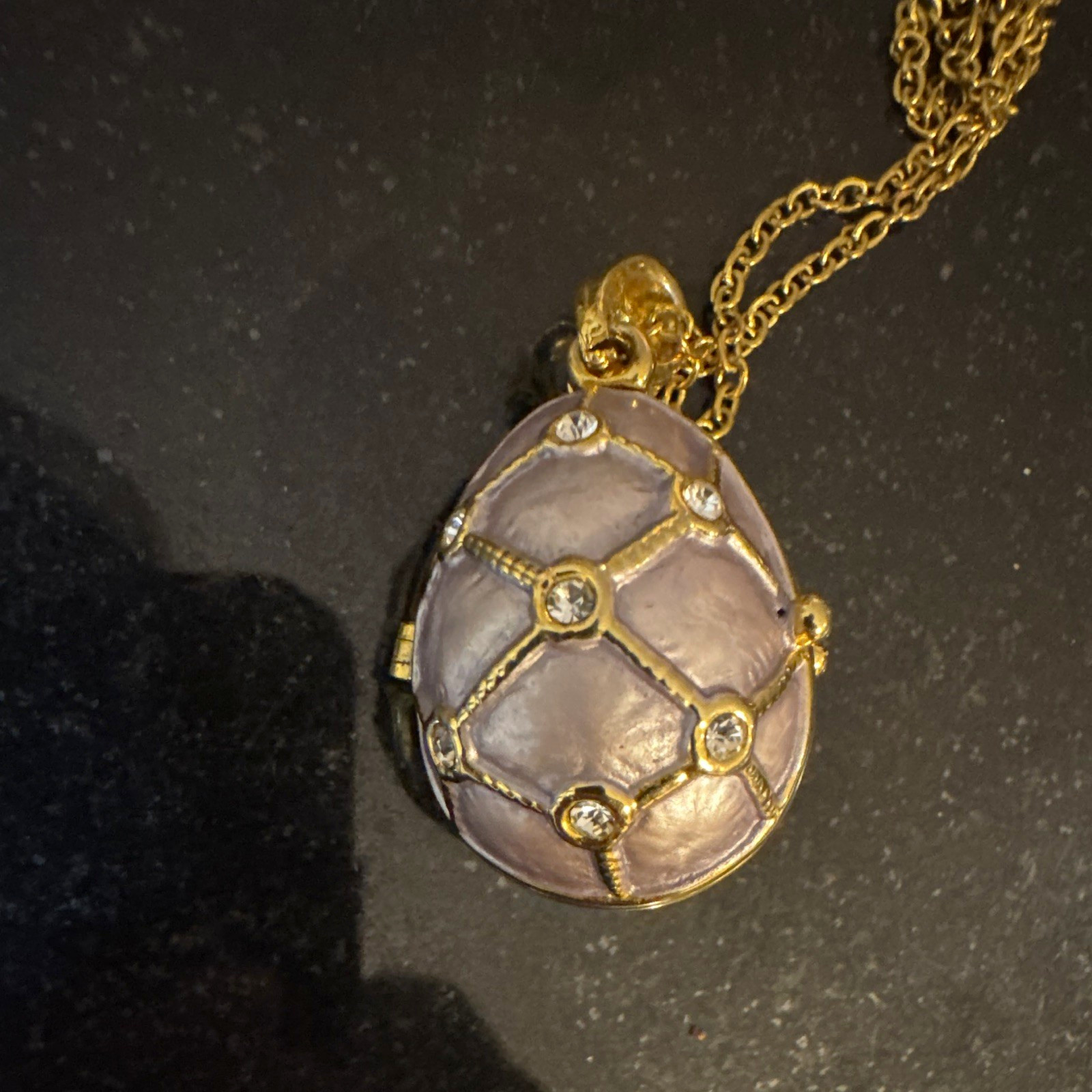Gold Tone Purple Egg Locket Pendant Necklace Crystal Rhinestone Cable Chain
