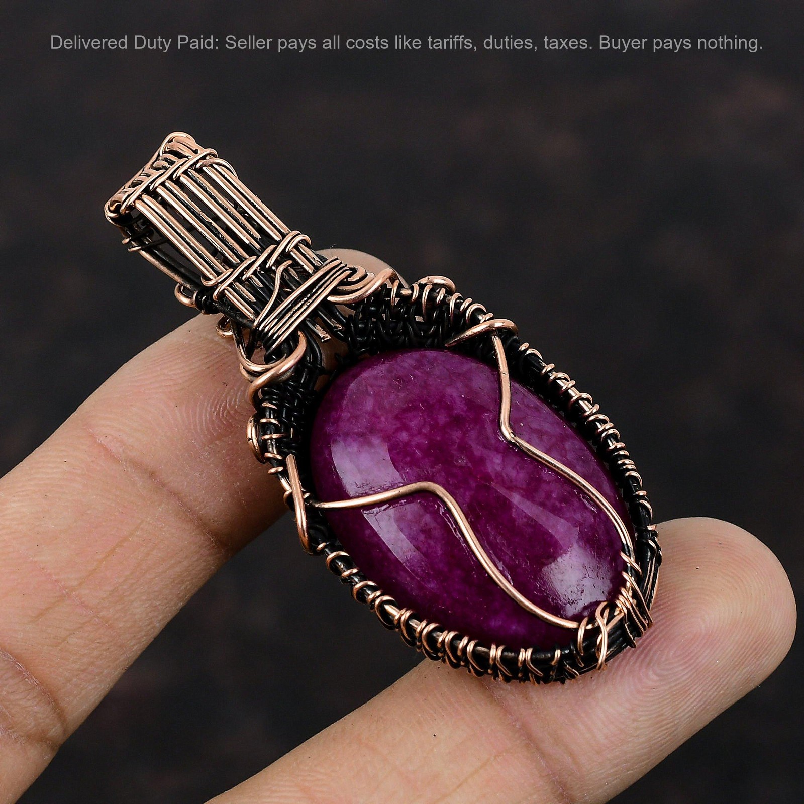 Oval Natural Kashmir Rubi Birthday Mother Wire Wrapped Pendant Jewelry Copper