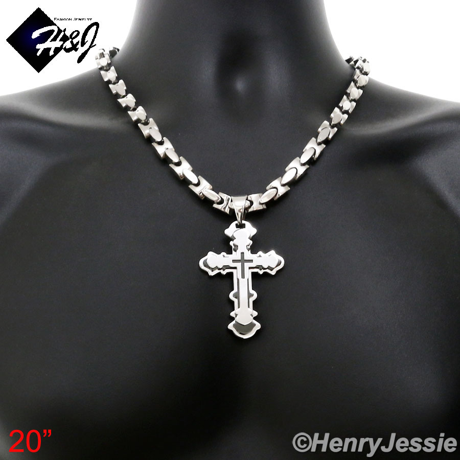 18-40″Stainless Steel 8mm Silver Interlock Chain Black Plated Cross Pendant*BP72