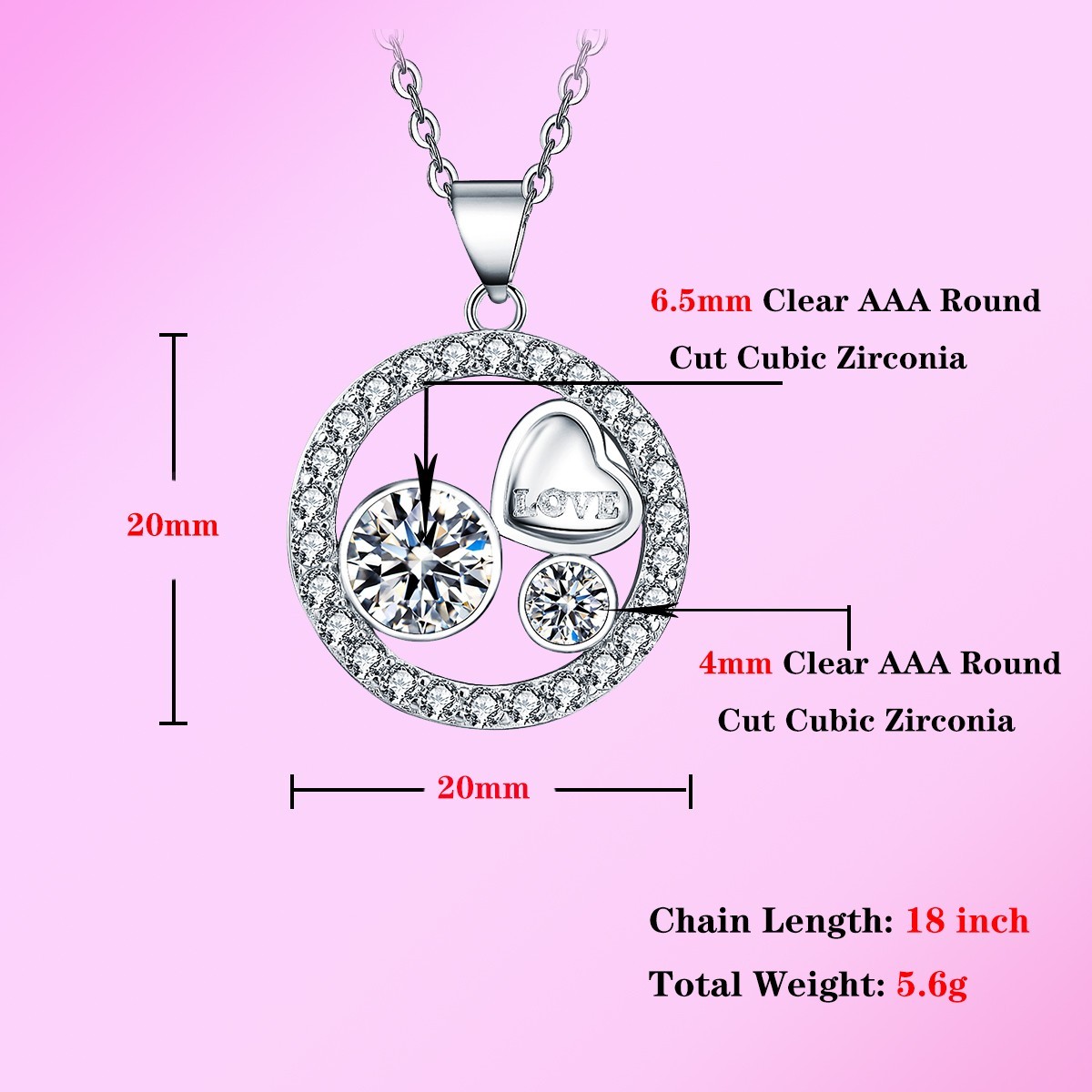 Love Circle Pendant Necklace with CZ Stones 14k White Gold Plated Women Necklace
