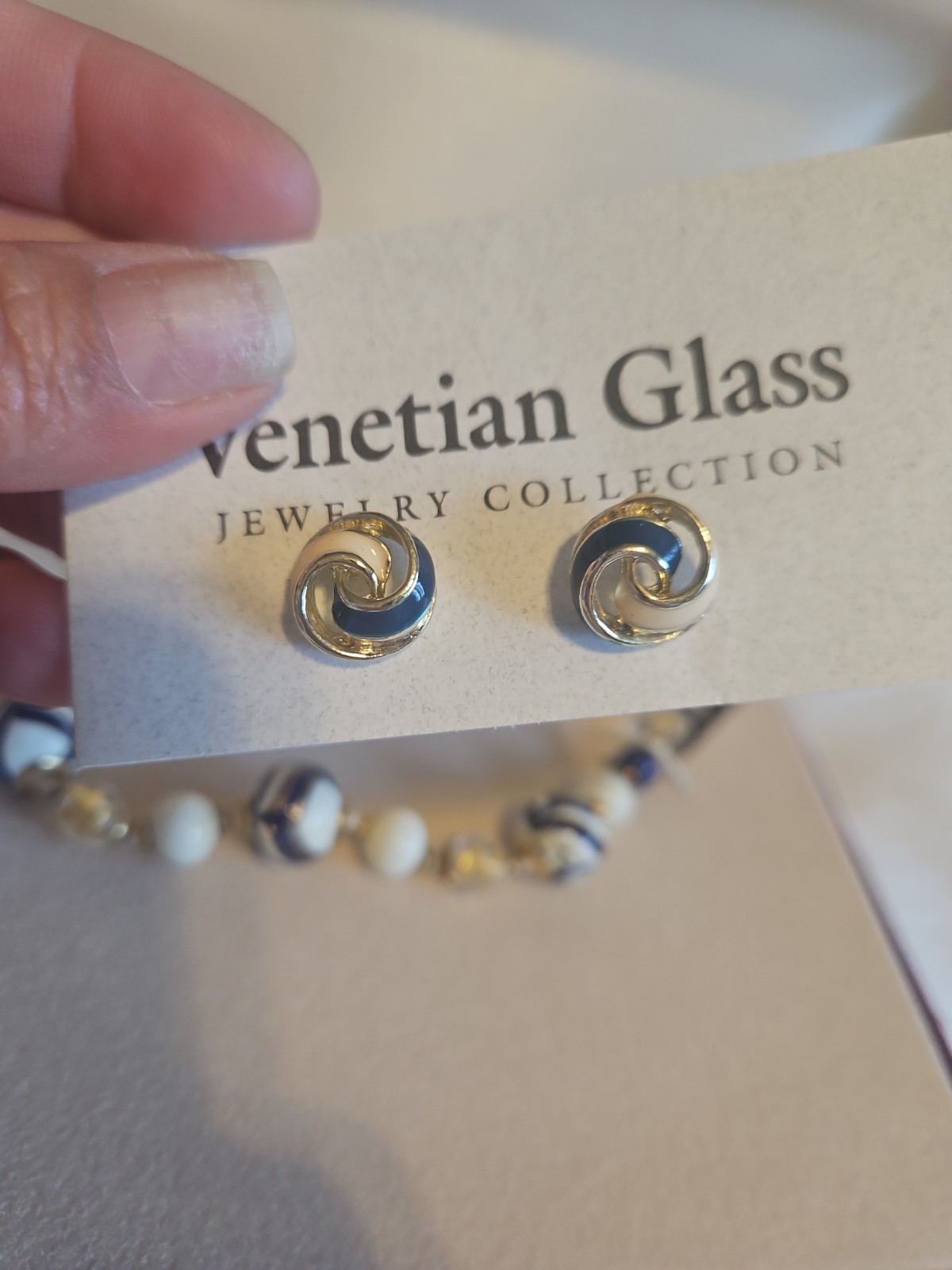 New Venetian Glass Beads NECKLACE And Earrings Navy/ Gold Handcrafted. Boxed