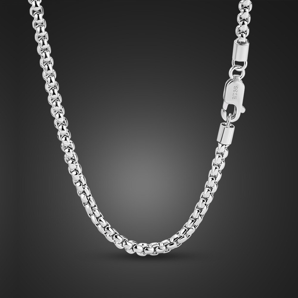 Solid 925 Sterling Silver 3mm Round Box Chain Necklace 18″-28″ for Women & Men
