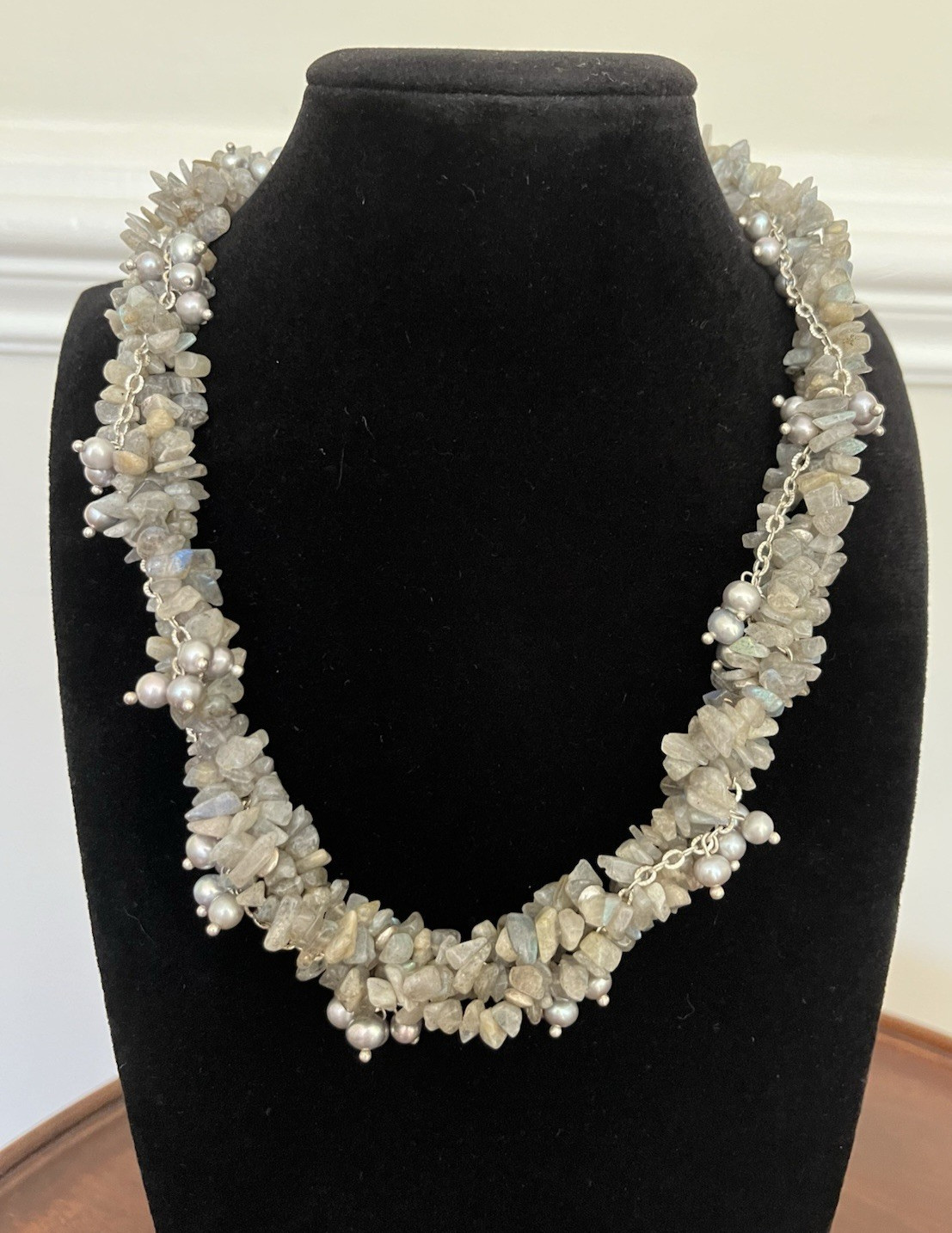 Labradorite and Pearl Statement Necklace 16″ – Beaded Collar Multi Strand Twist