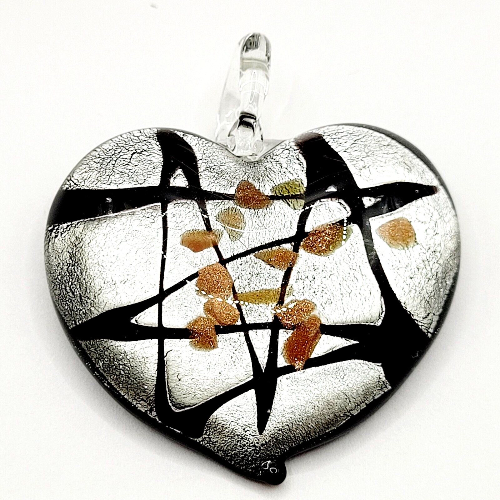 Artisan Modern Art Glass Heart Pendant Silver Black Gold Color Foiled Glitter