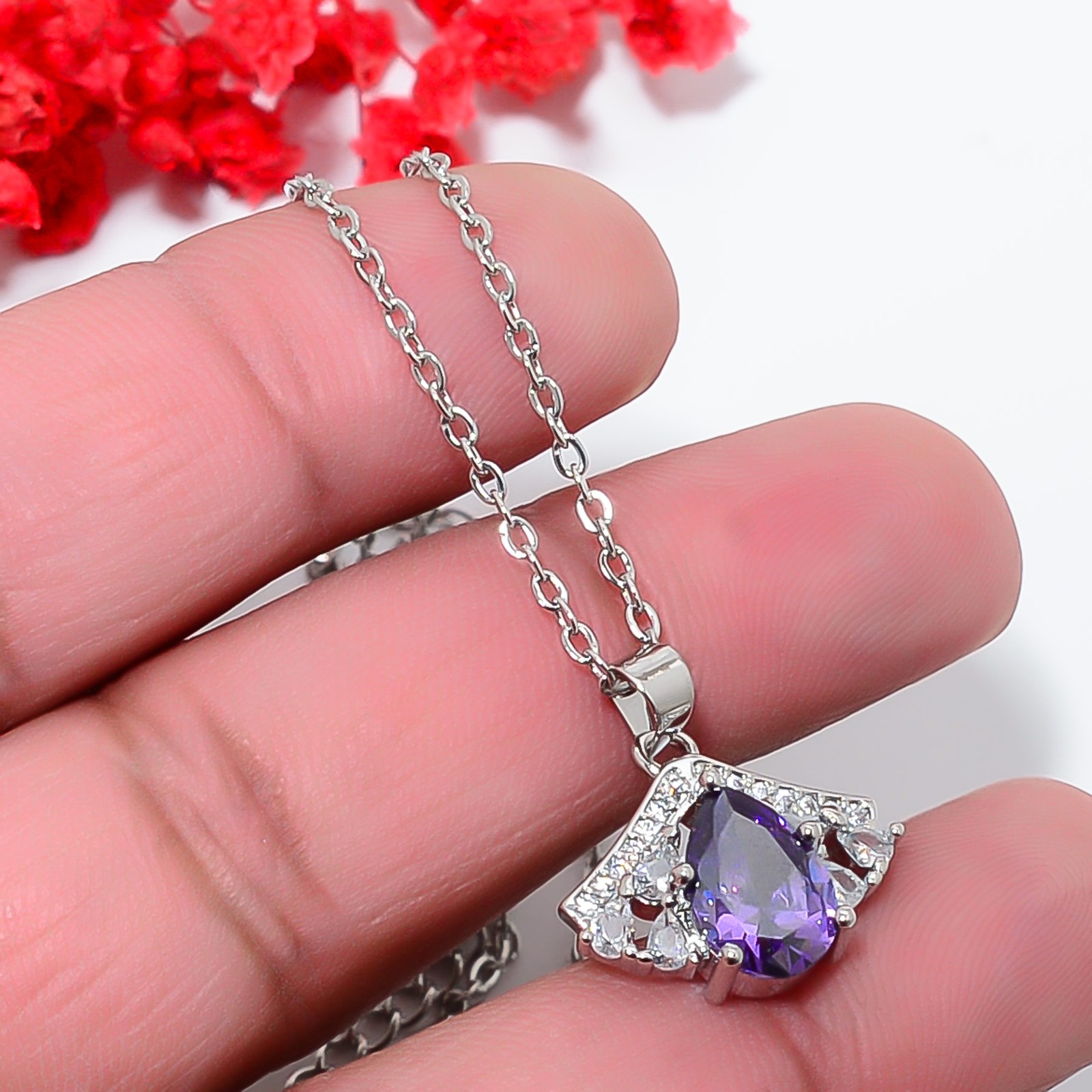 Purple Amethyst & Cz 925 Sterling Silver Pendant With Chain 18-20″ CP14575
