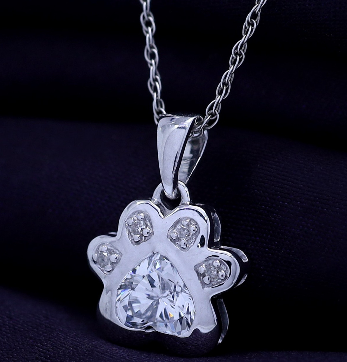 Accent Paw Print Pendant 18″Necklace Simulated Birthstone 925 White Gold Plated