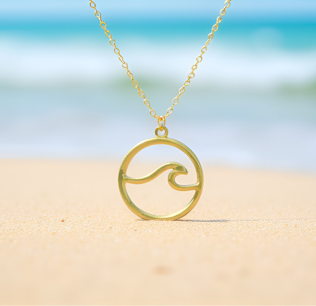 Ocean Wave Circle Pendant Chain Necklace For Women Girls Stainless Steel Round
