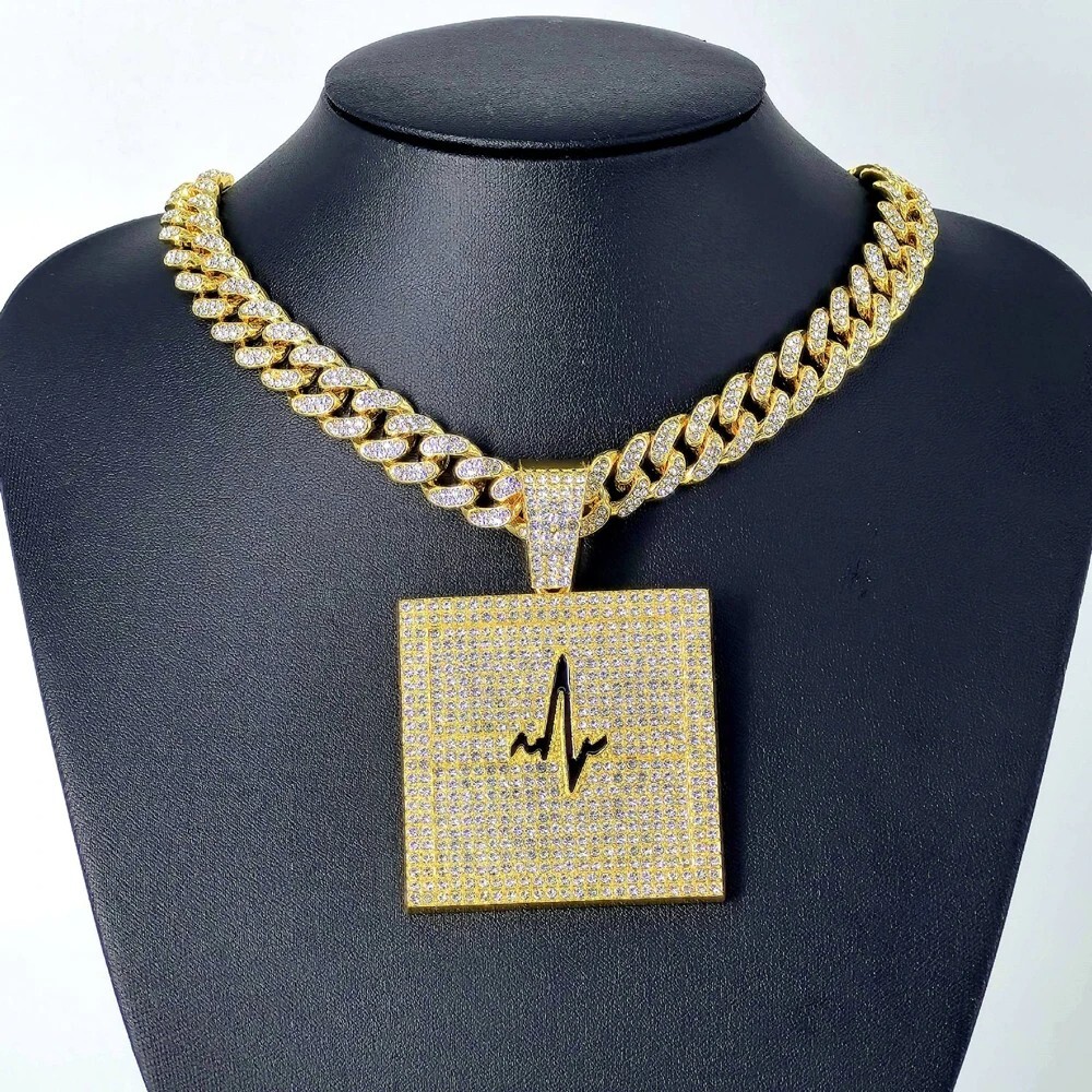 Iced Lifeline ECG Pendant Necklace CZ Bling Men Hip Hop Miami Cuban Link Chain