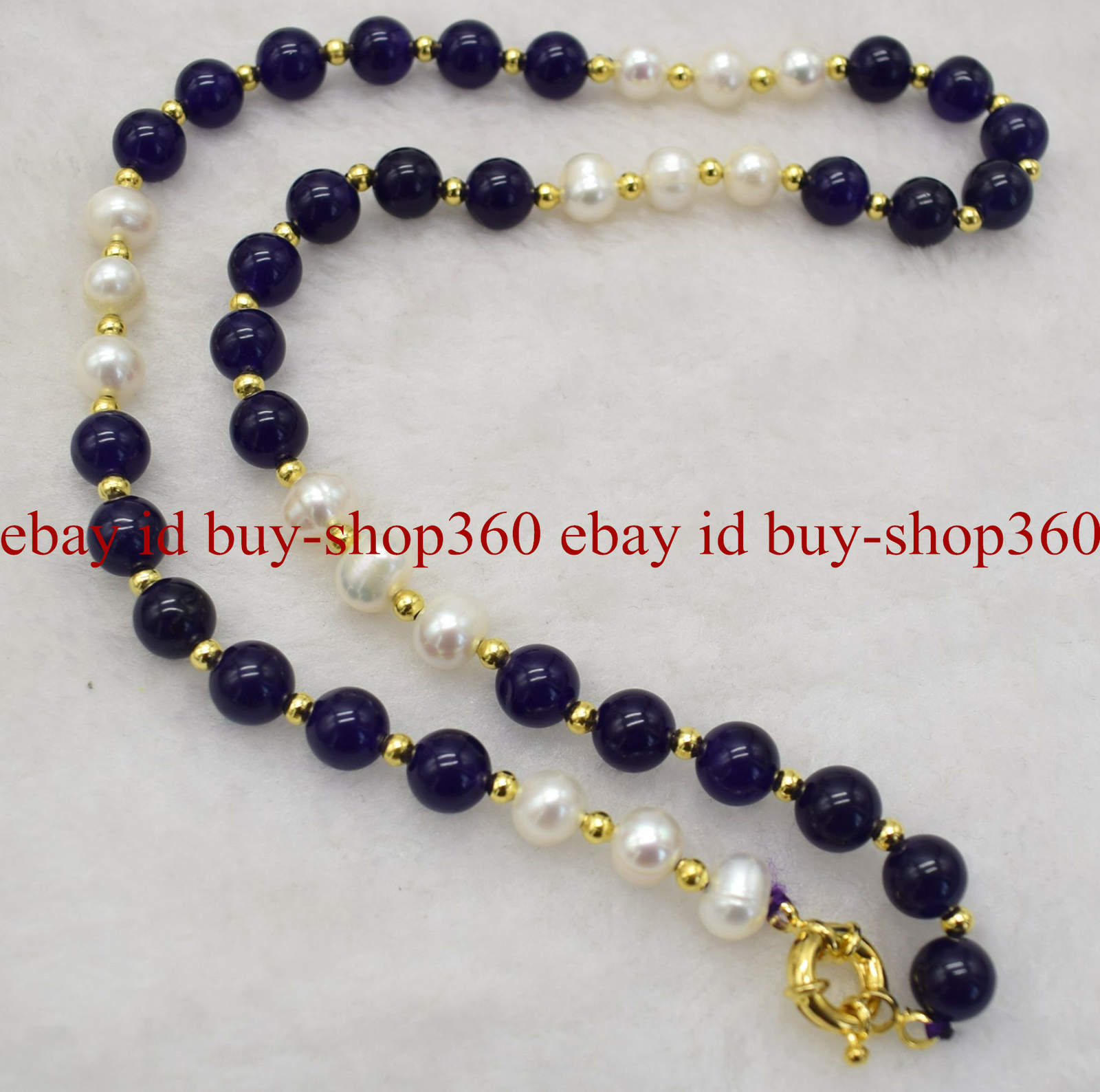 Fashion 7-8mm White Pearl & 8mm Amethyst Gemstone Necklace 18” AAA