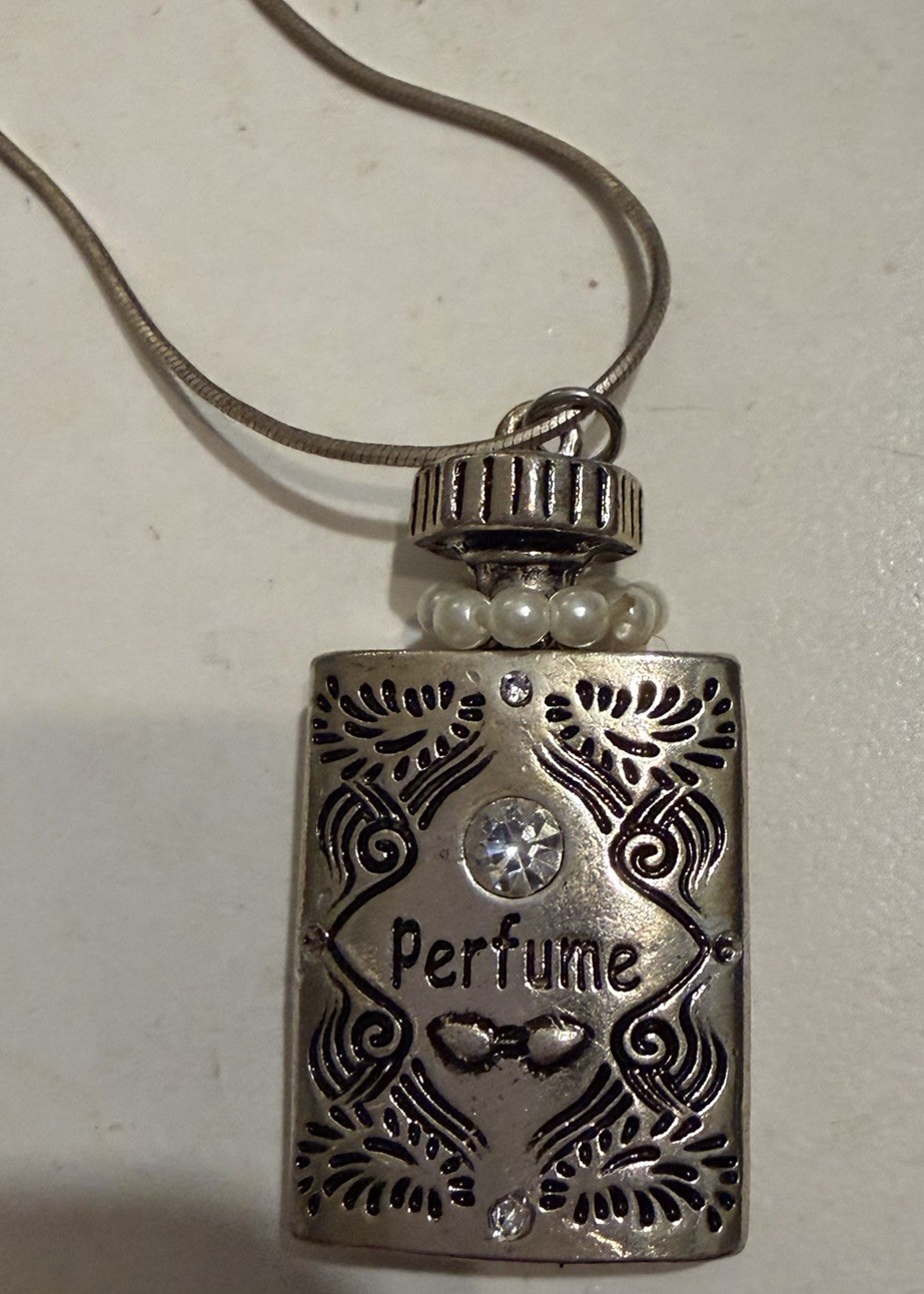 Vintage Decorative Silvertone Perfume Bottle Pendant On 925 Silver Necklace