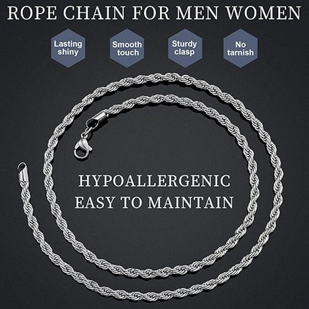 Men Women Stainless Steel Silver 2mm/3mm/4mm/5mm Rope Necklace Chain Link C11