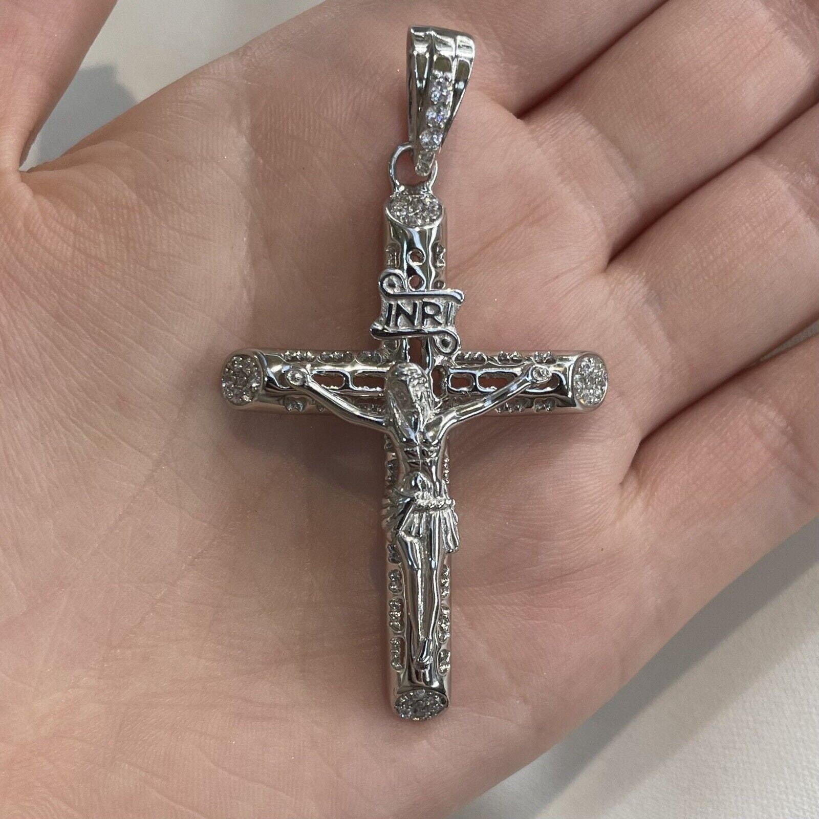 Sterling Silver CZ Crucifix Pendant Set Cross 13.60 Grams – Gift Boxed Pendant
