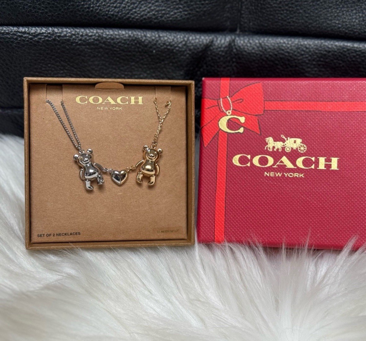 Coach Teddy Bear Heart Friendship Necklace Duo Set CY112 New With Box