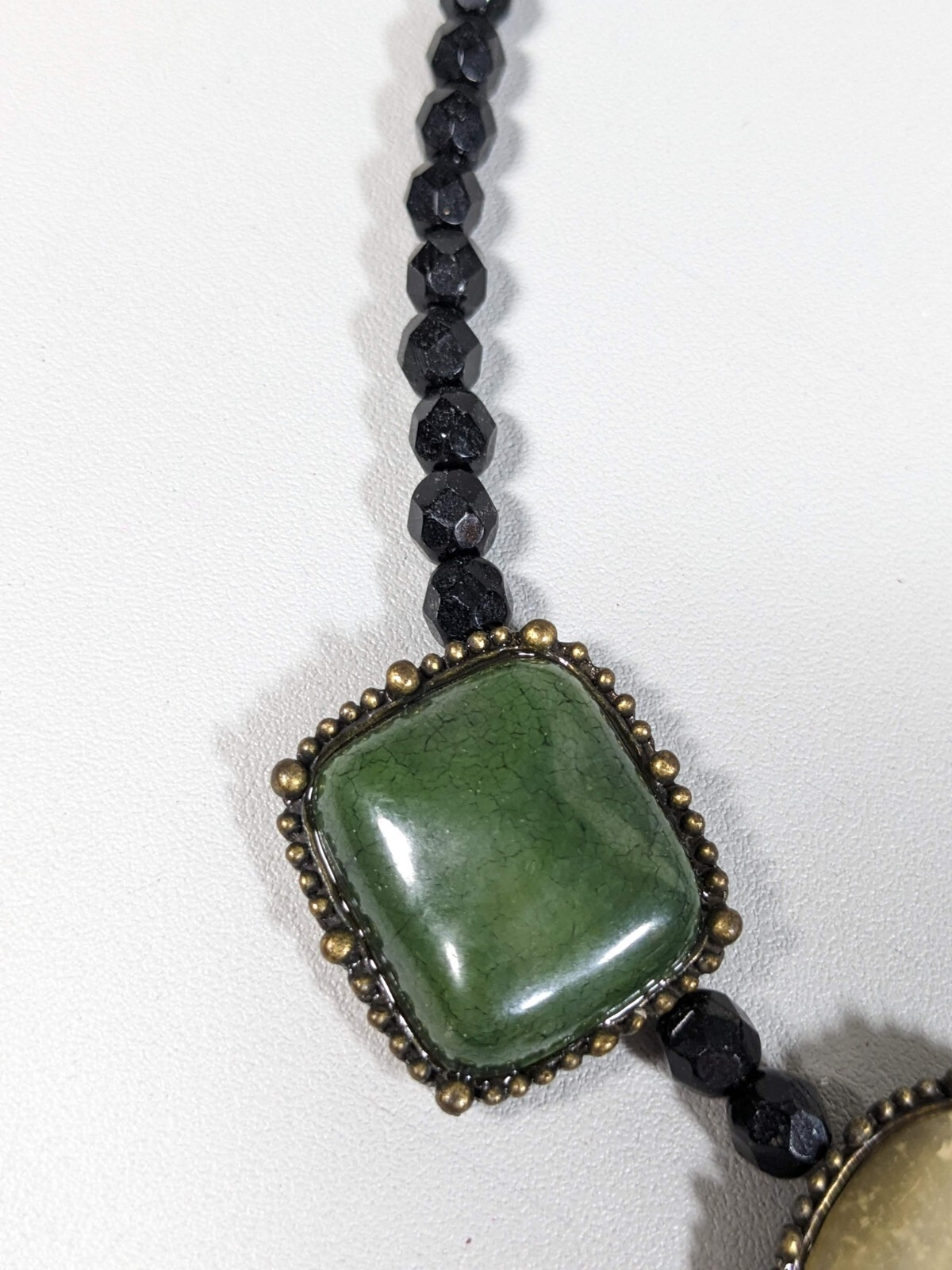 Black Glass Bead green Ivory Color Acrylic Square Oval Cabochon Necklace 16.5 in