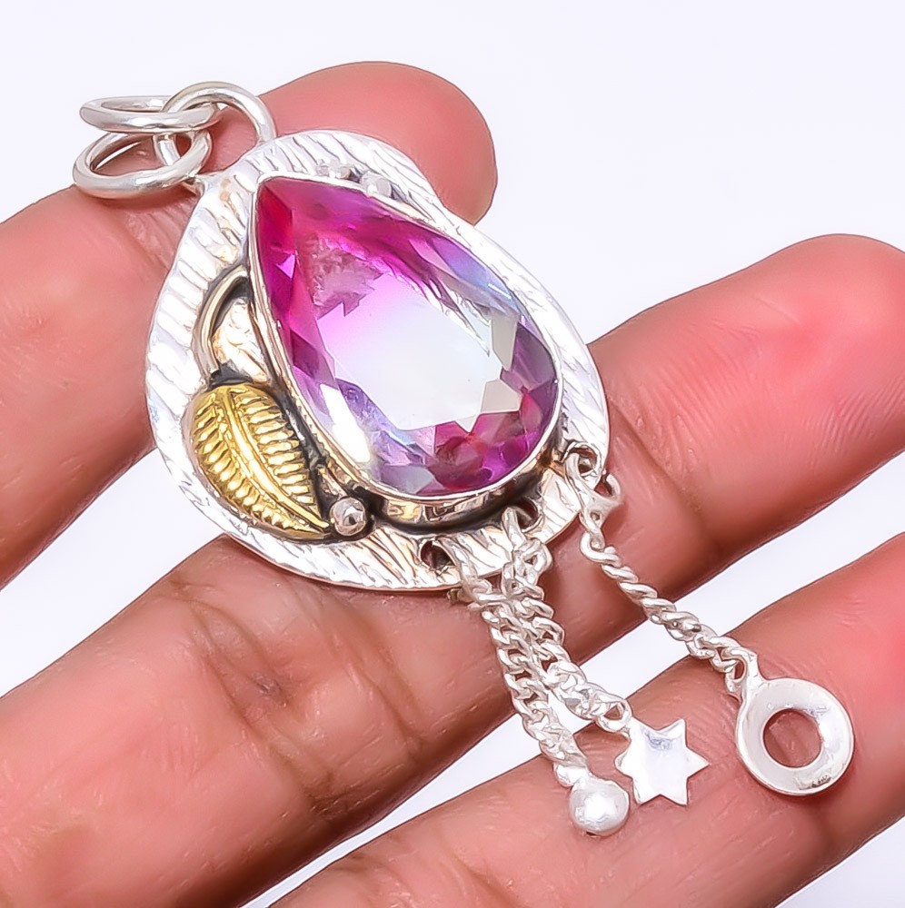 Bi Color Tourmaline 925 Silver Two Tone Leaf Pendant 2.54″ P10 Gift for her