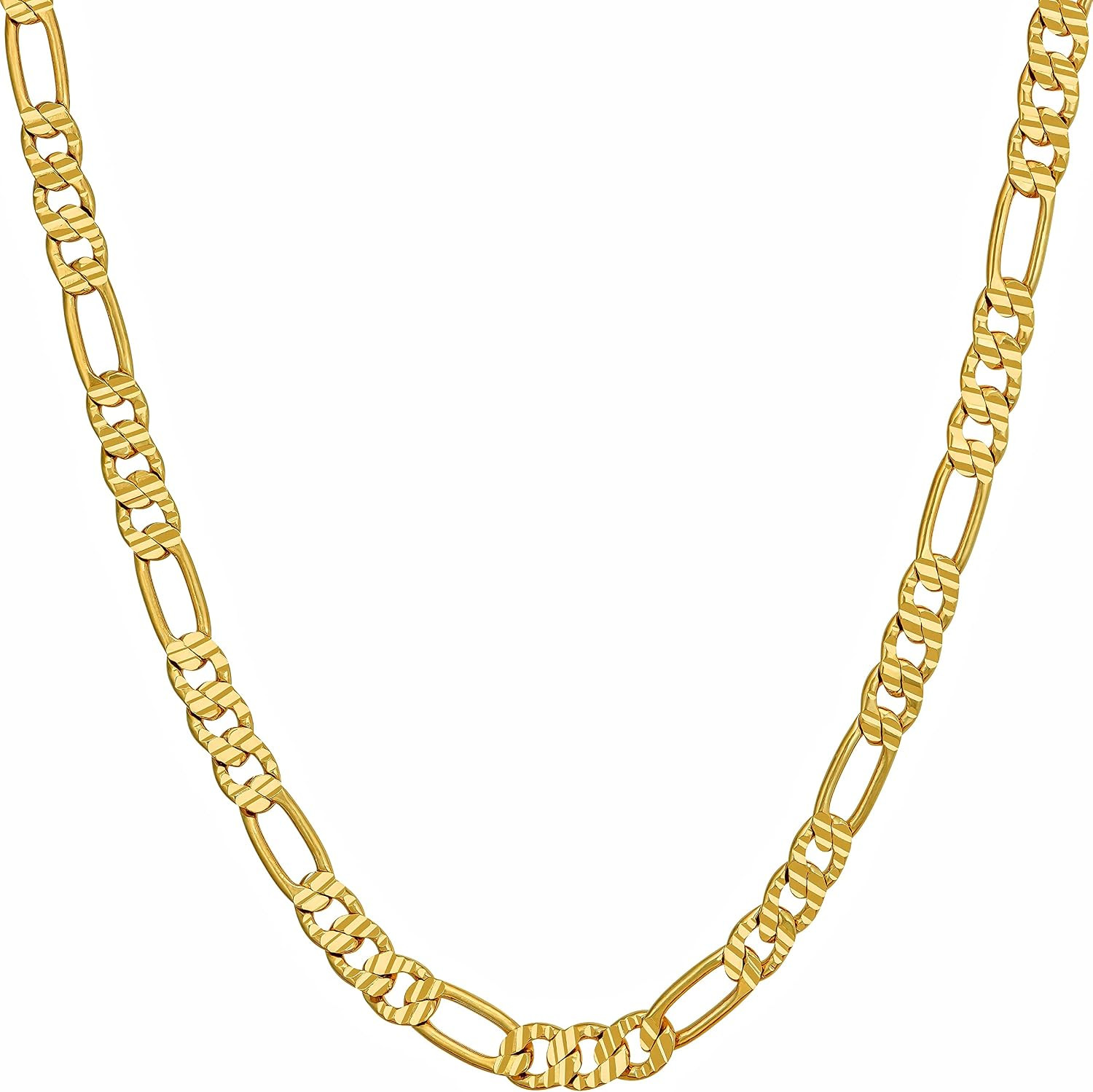 4.5Mm & 6Mm Swiss Diamond Cut Figaro Chain Necklaces 24K Real Gold Plated