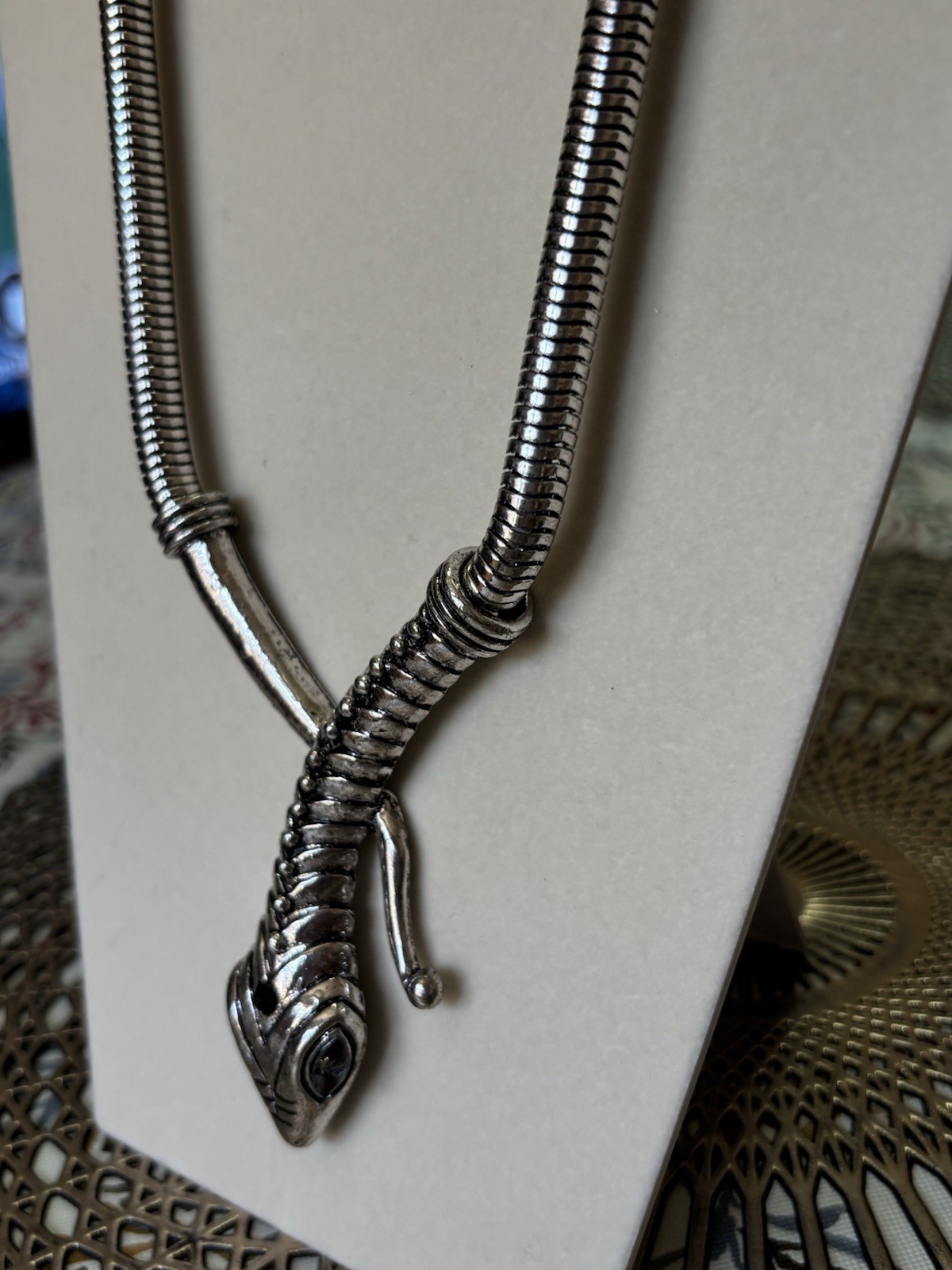 Silver Plated Snake Pendant Necklace Gray Marquise Crystal Eyes Adjustable