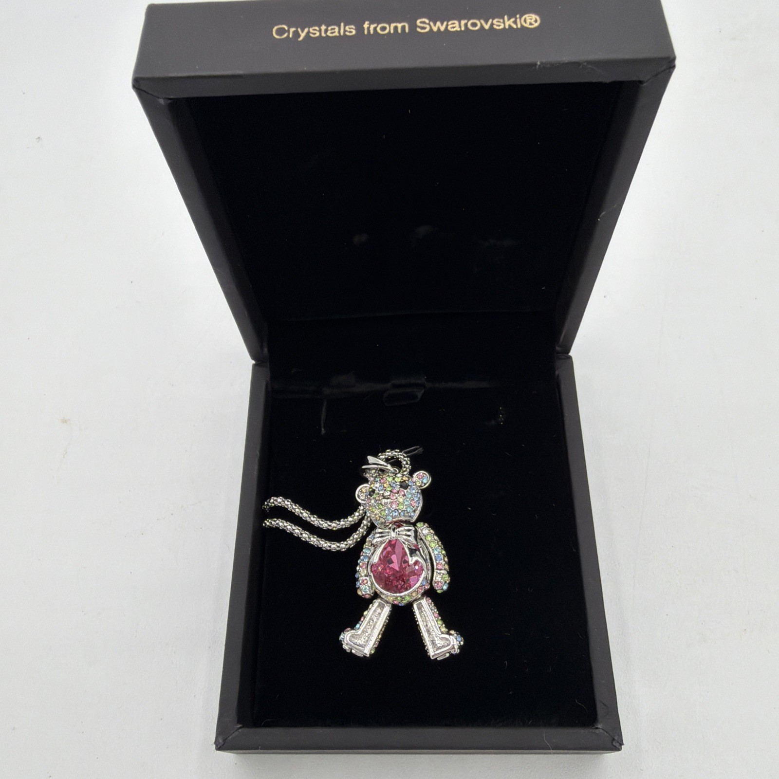 Swarovski Silver Tone Articulated Princess Teddy Bear Necklace J. NINA crystals