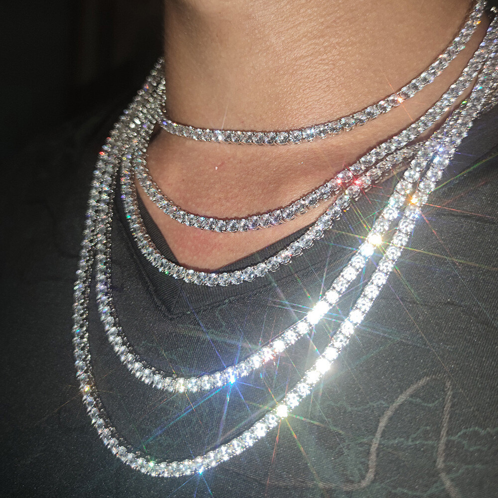Hip Hop Tennis Chain Necklace 18K Real Gold Plated Full 5A Zircon Spring Clasp