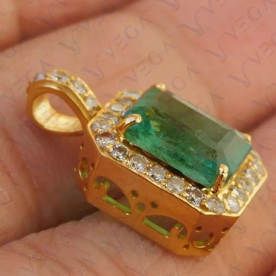 3.65 Ct Emerald Cut Emerald Pendant Wedding Pendant 14k Solid Yellow Gold
