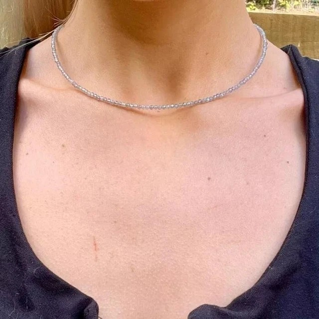 Natural Labradorite 4mm Beaded Choker Necklace Healing Reiki Dainty Women Skinny