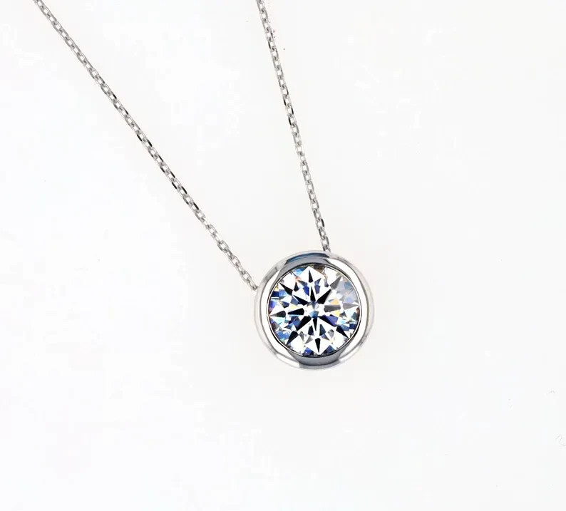 Lustrous 1 Ct White Flawless Moissanite Round Stone 925 Sterling Silver Necklace