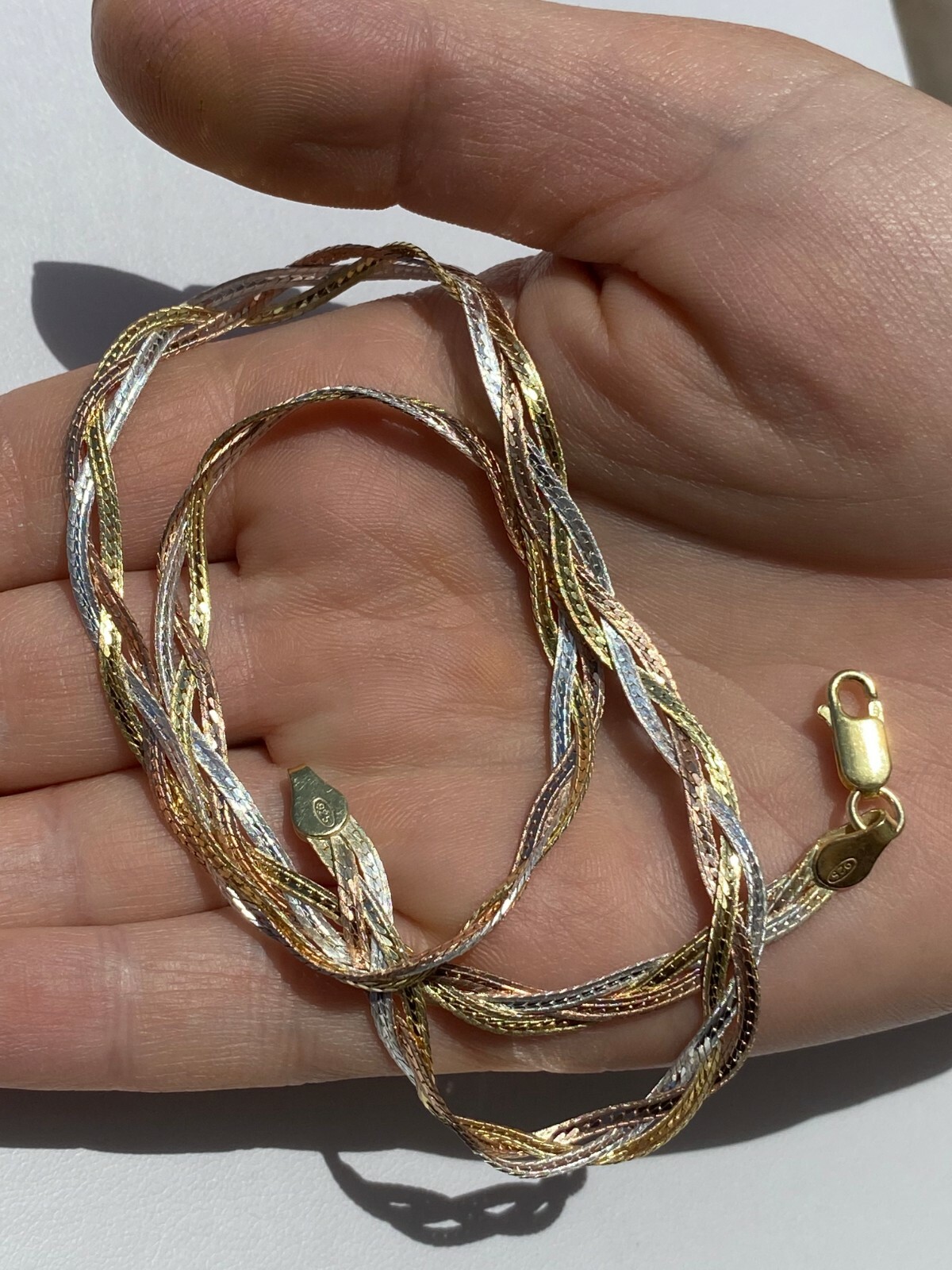 925 Silver TriColor Yellow Rose Gold Plated Twisted Braided Herringbone Necklace