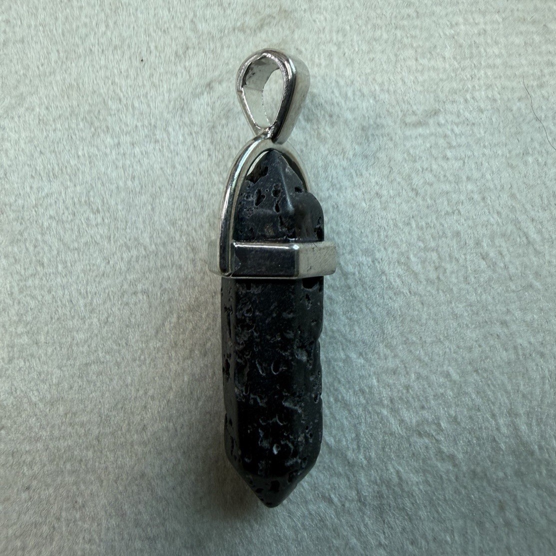 Black Lava Rock Point Charm Pendant Silver Tone Cap Bail Black Silver Stone