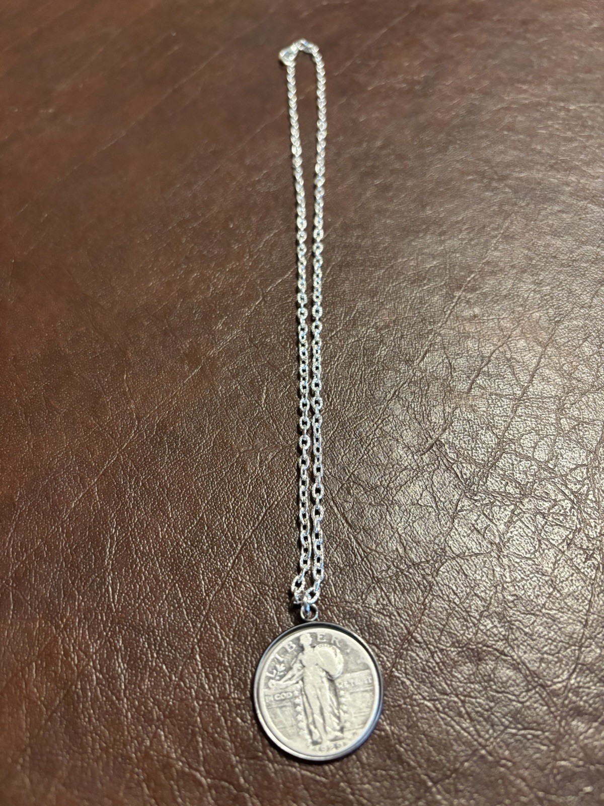 1929 Silver Standing Liberty Quarter Necklace on a Silver Plated Chain