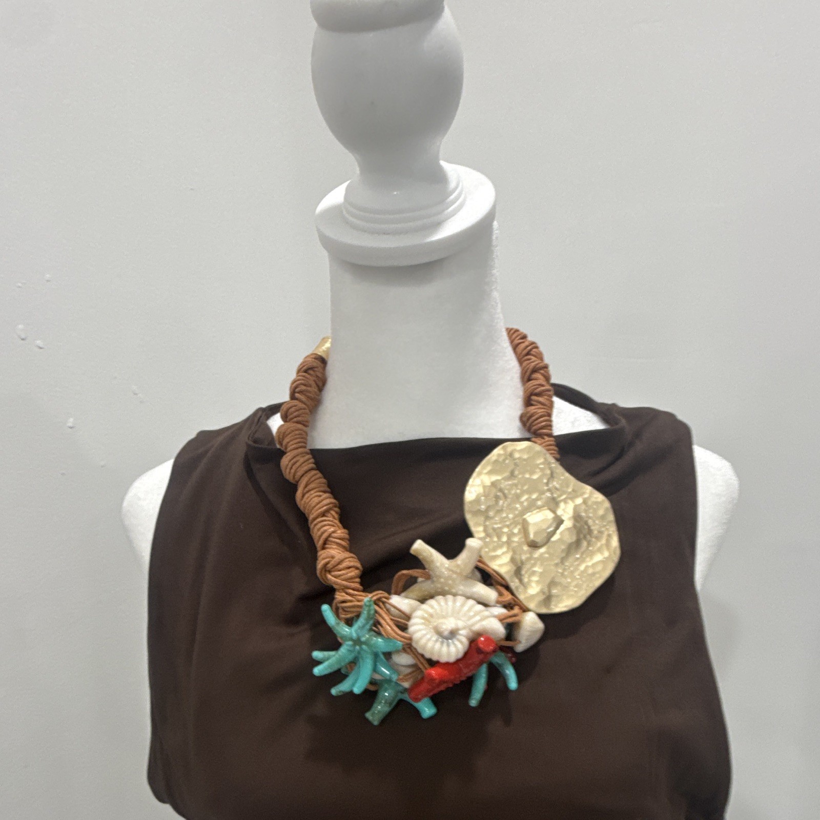 Statement Cord Necklace Sea Life Charm Pendant Brown Gold Multicolor Adjustable