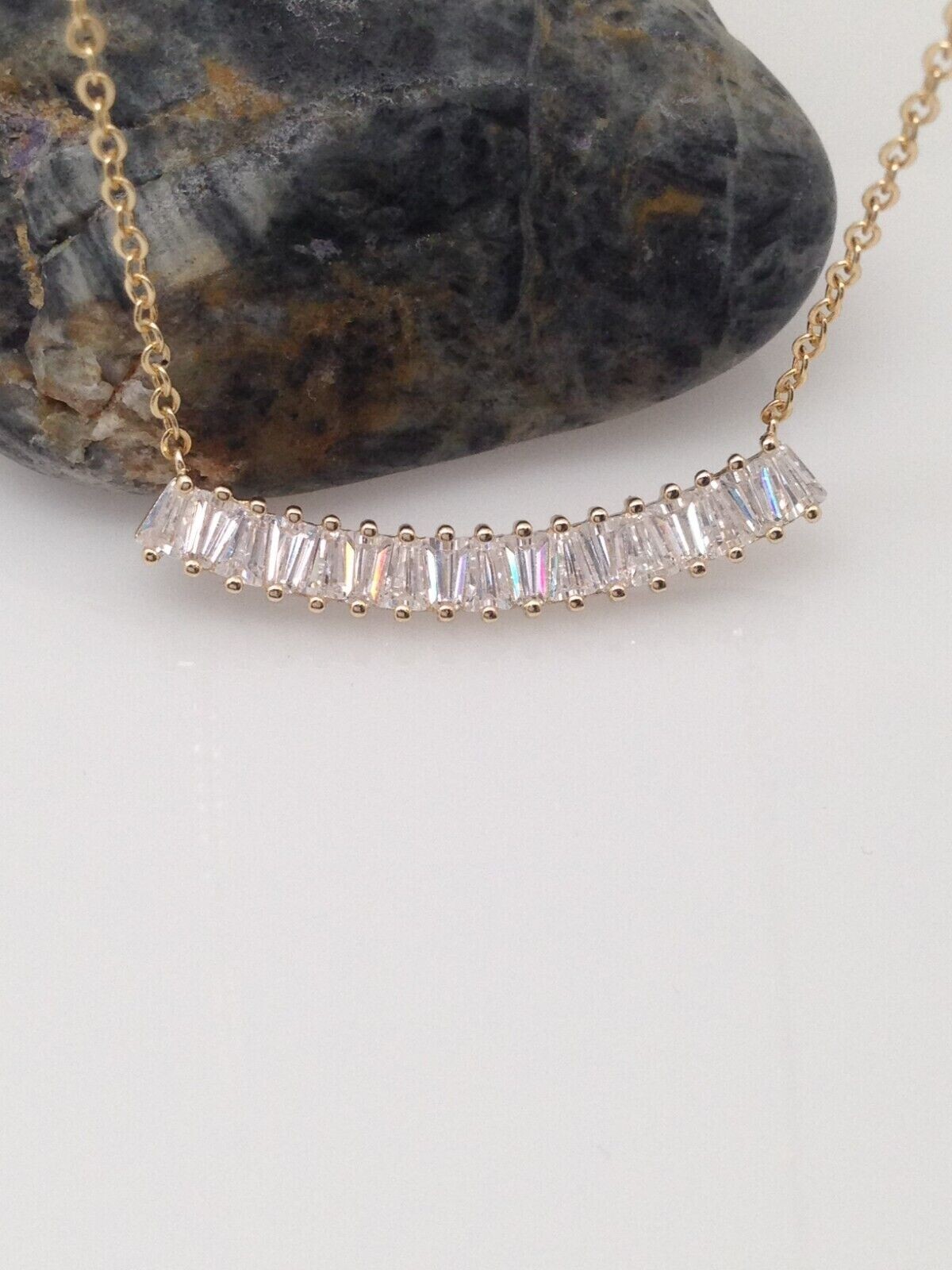 925 Sterling Silver CZ Curved Bar Pendant Necklace Sideways Gold Women 28mm 17″