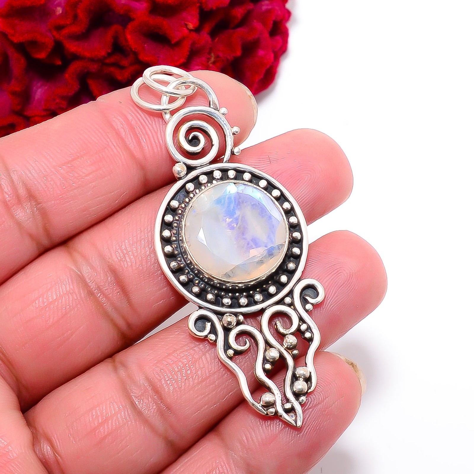 Rainbow Moonstone – India Handmade 925 Sterling Silver Pendant 2.34″ P27