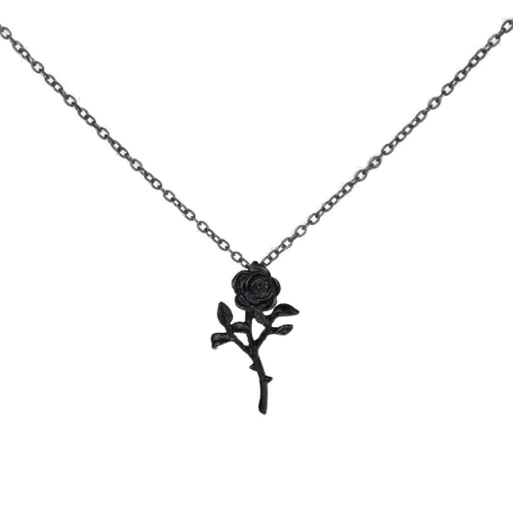BLACK ROSE NECKLACE Gothic Romantic 4cm Pendant 50cm Chain Biker Punk Goth NEW