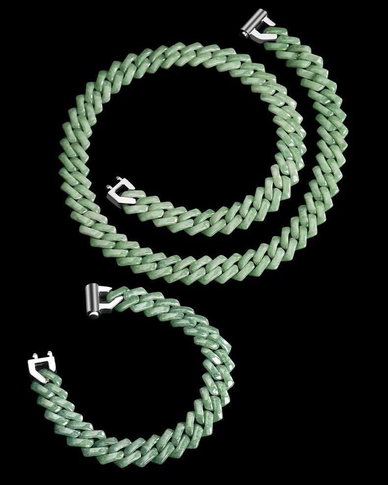 Grade A MYANMAR Jadeite Green Rhombus Shaped Cuban CHAIN NECKLACE AND BRACELET