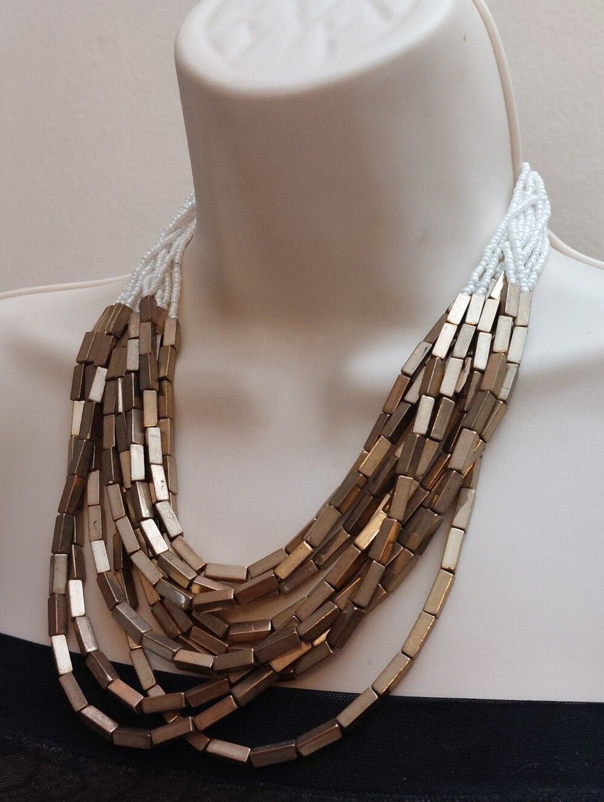 White Seed Beads And Gold Tone Bar Beads Cascading Layerers Multistrand Necklace