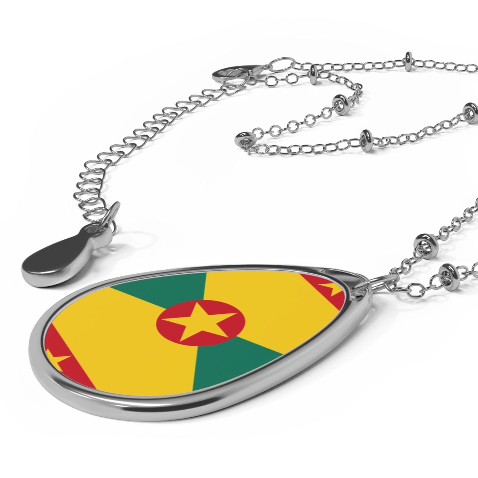 Grenada Flag Necklace – Oval Grenadian Heritage Pendant – One Size / Silver