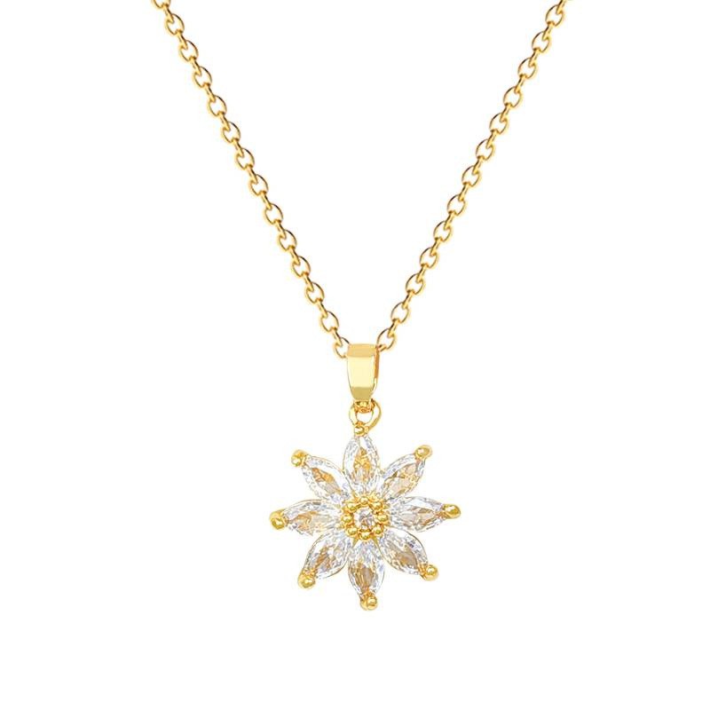 Light Luxury Elegant Crystal Necklace Women Gold Tone Chain Flower Pendant