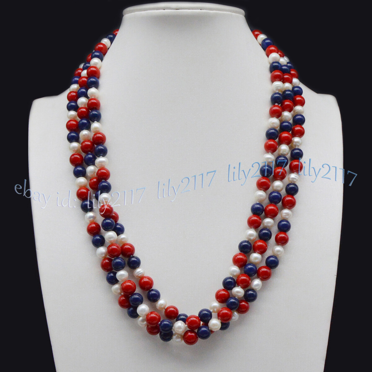 6-7mm White Pearl 8mm Red Coral Blue Lapis Lazuli Round Beads Necklace 22-100”