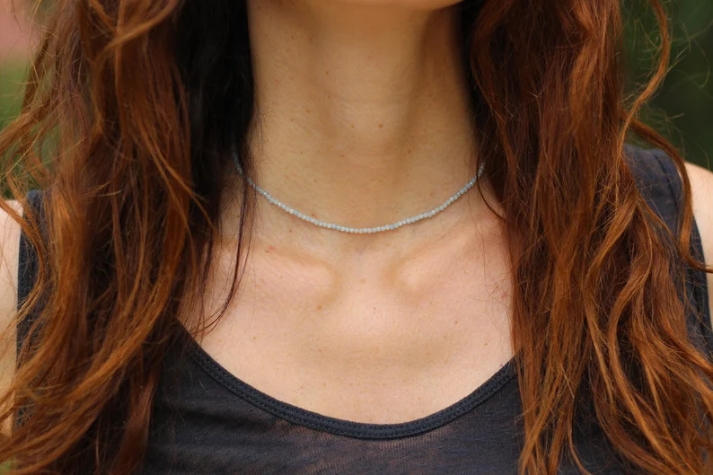 2mm Aquamarine Crystal Gemstone Faceted Beads Dainty Choker Necklace Minimalist