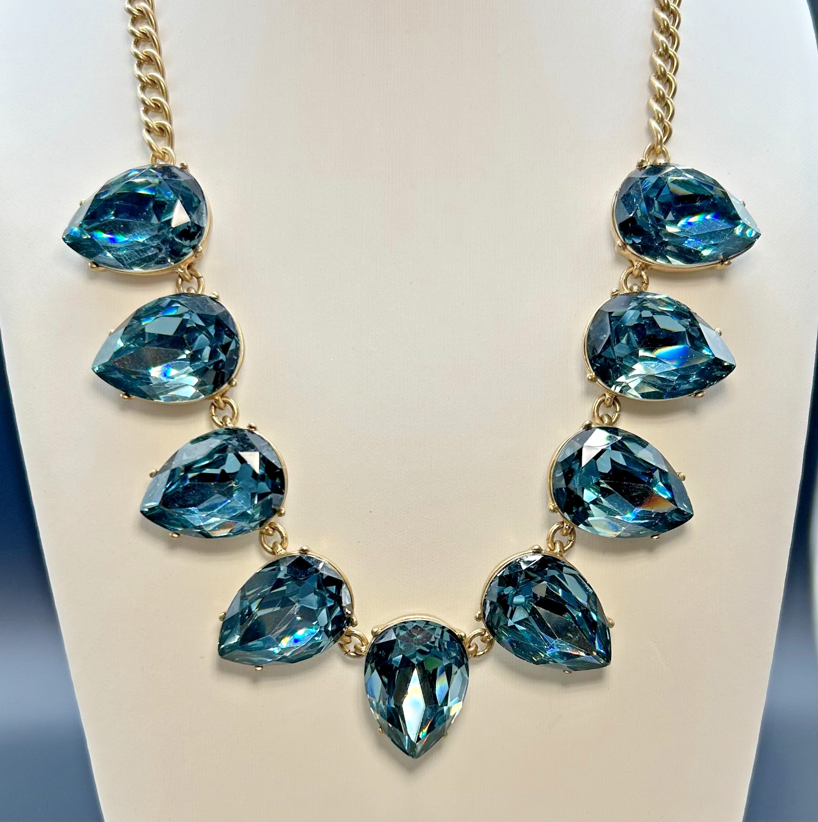J Crew Crystal Teardrop Statement Necklace Blue Grey Bib Collar Gold Tone NWT