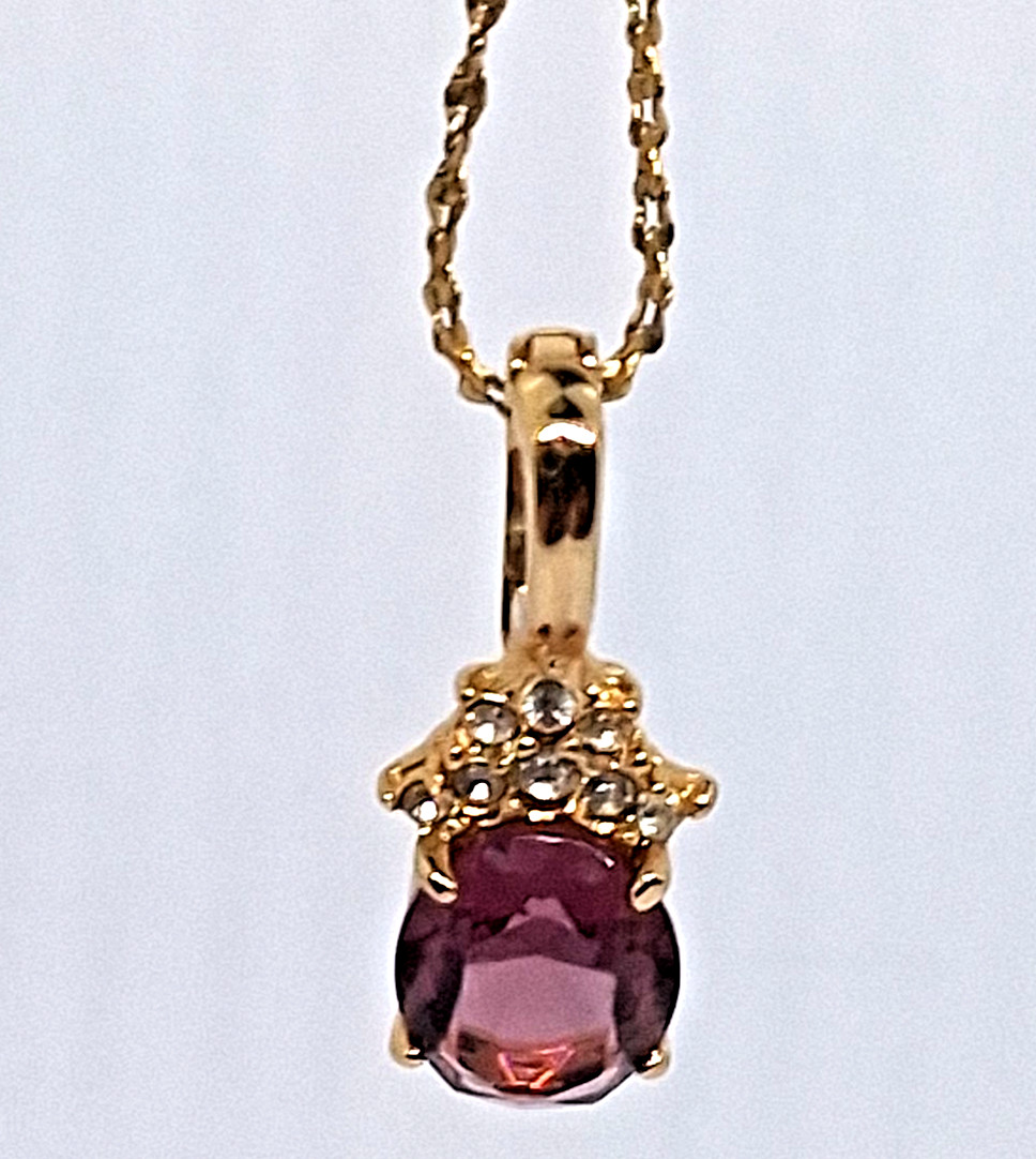 Vintage Roman Gold Tone Pendant w/ Purple & White Glass Stones 24″ Necklace