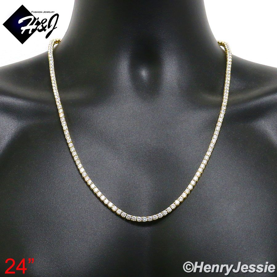 925 STERLING SILVER CUBIC ZIRCONIA 24″30″X4MM GOLD PLATED 1 ROW TENNIS NECKLACE