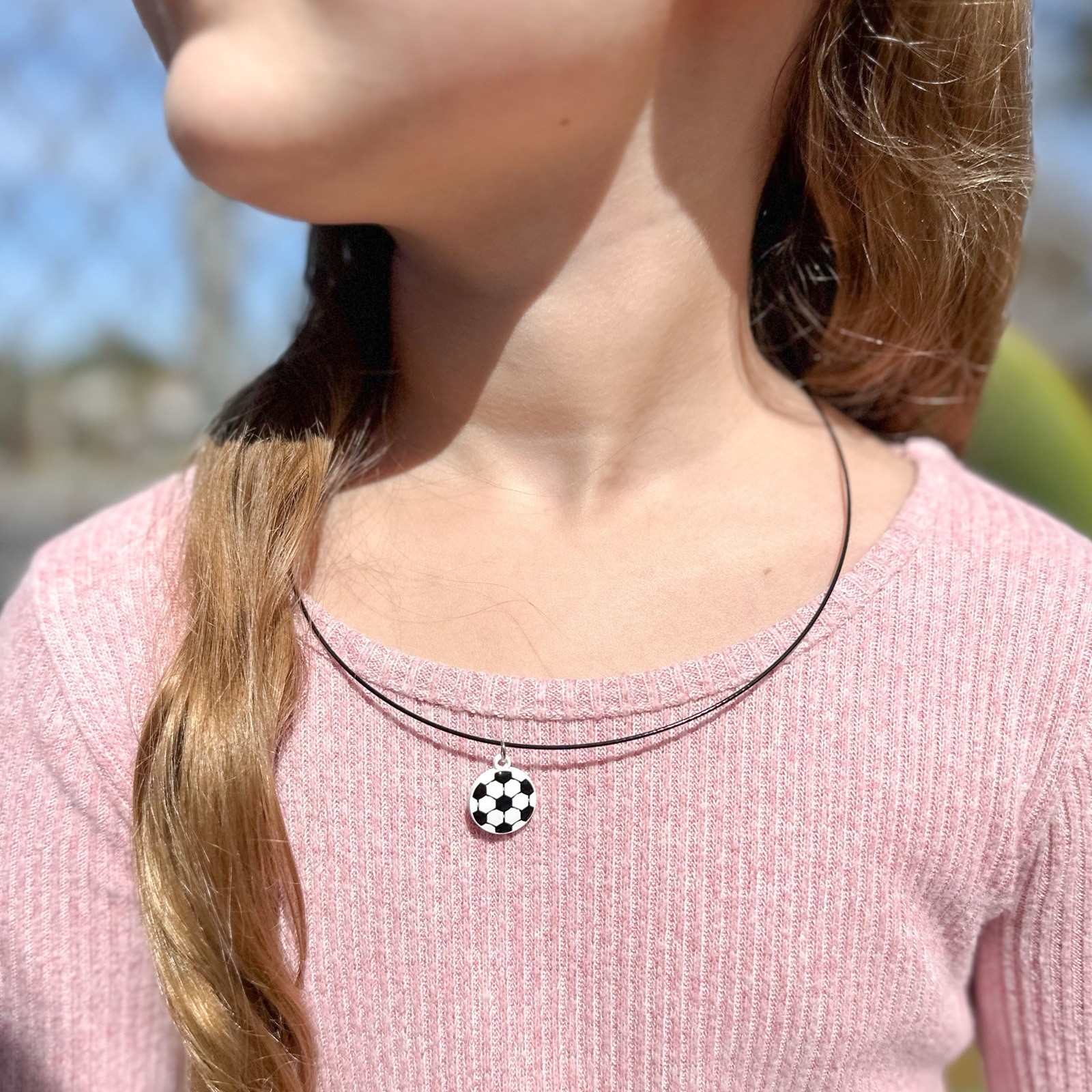 Soccer Ball Necklace on Black Screw-Closure Choker, For Kids Or Adults